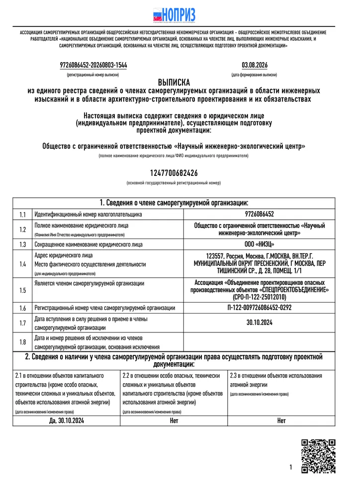 Выписка из реестра СРО — подготовка проектной документации